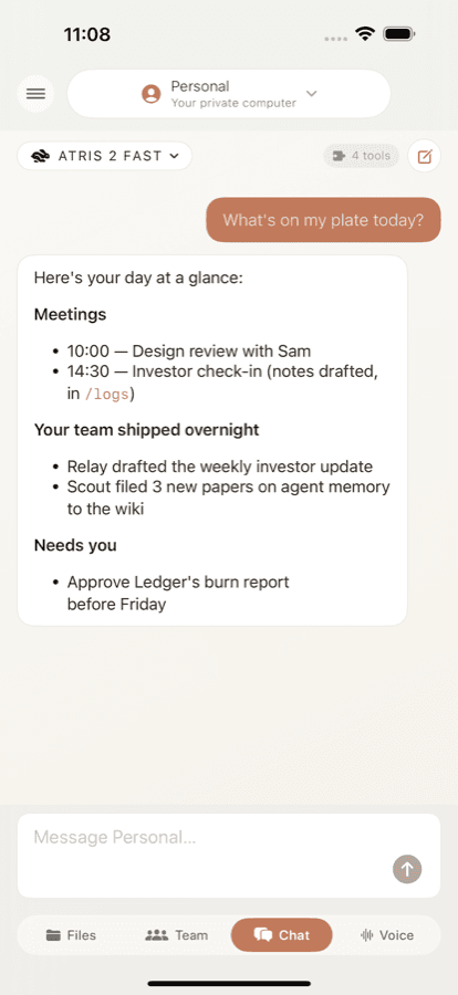 Atris iOS app showing a chat with your personal computer