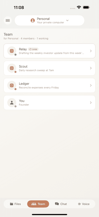 Atris iOS app showing the team screen with working members