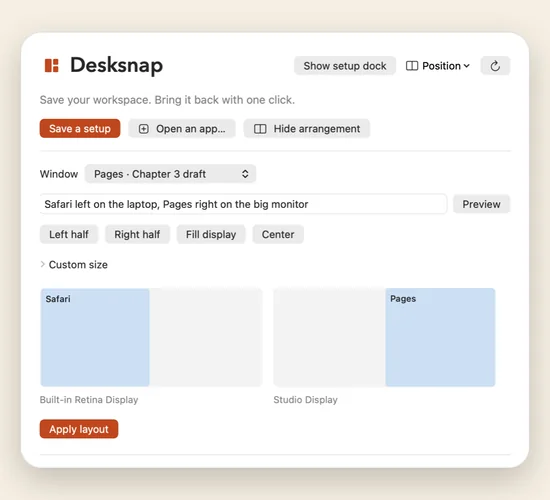 The Desksnap arrangement view previewing Safari on the left half of a laptop display and Pages on the right half of a second display, with an Apply layout button.