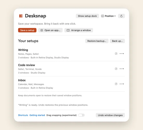 The Desksnap panel with buttons for Save a setup, Open an app and Arrange a window, three saved setups named Writing, Code review and Inbox, and an Undo window changes button.