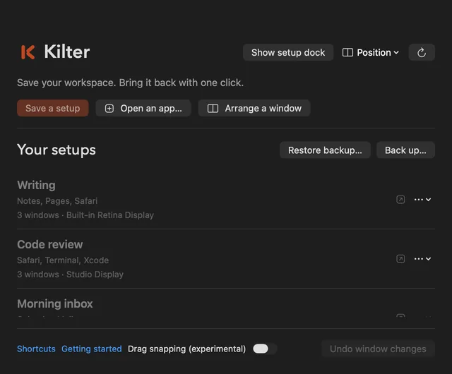 The Kilter panel with buttons for Save a setup, Open an app and Arrange a window, a list of setups named Writing, Code review and Morning inbox, and an Undo window changes button.